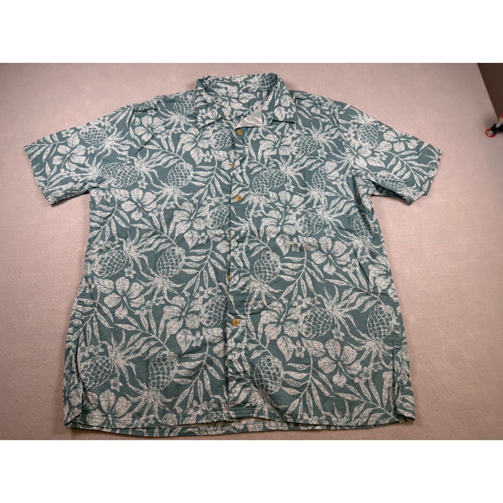 Croft & Barrow Mens Lrg Teal Pineapple Floral Tropical Aloha Shirt Short Sleeve